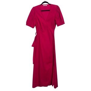 Reformation Large Hot Pink Kaelie Wrap Dress Puff Sleeve Midi Length